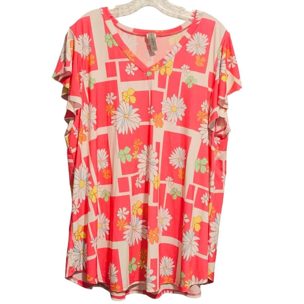 Honeyme Curvy XXXL Mod Floral Print Pink Floppy Ruffle Sleeves V-Neck Top